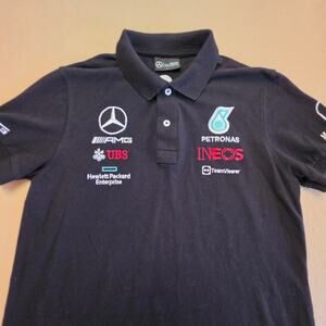 Mercedes-AMG Petronas F1 Team Black Polo Shirt 2001 Sponsor Patches Sz Large